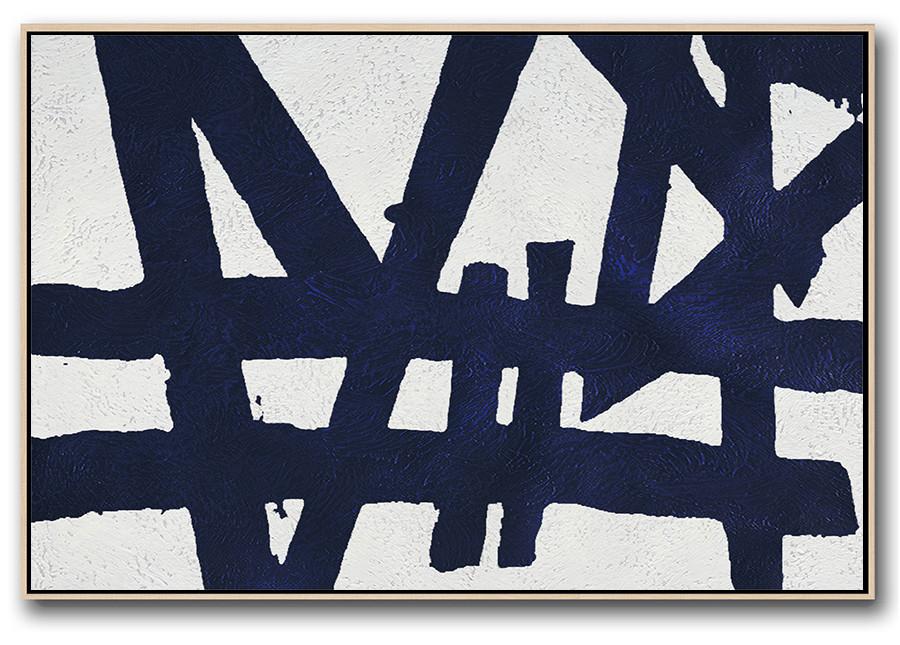 Artwork For Sale,Horizontal Abstract Painting Navy Blue Minimalist Painting On Canvas,Large Abstract Wall Art